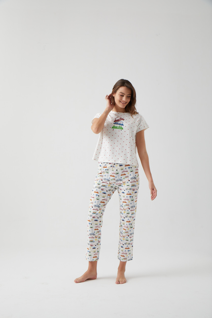 Kadın Kırmızı Elma Baskılı Minik Kollu Pijama Üstü