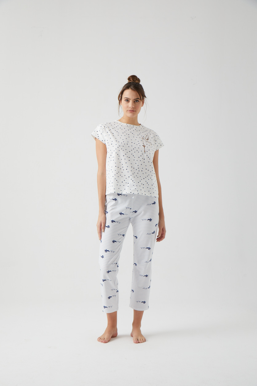 Kadın Lacivert Baskılı Minik Kol Detaylı Uzun Midi Pijama Takımı