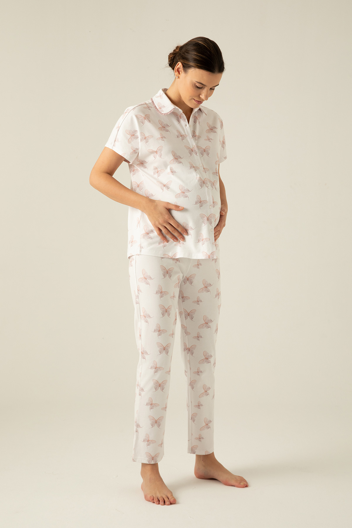 Kadın Anne Adayı Yakası Süs Lastikli Gömlek Üstlü Pijama Takımı