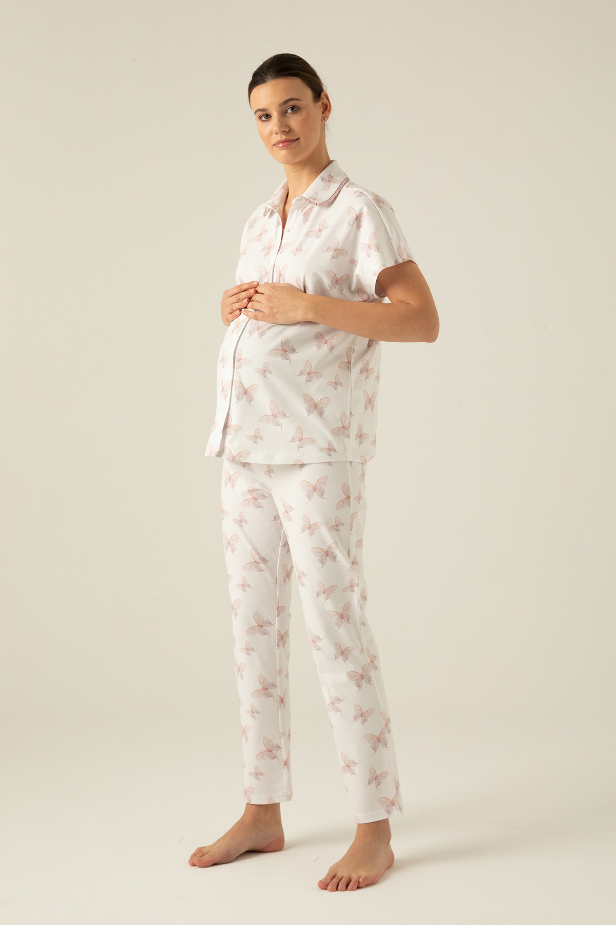 Kadın Anne Adayı Yakası Süs Lastikli Gömlek Üstlü Pijama Takımı
