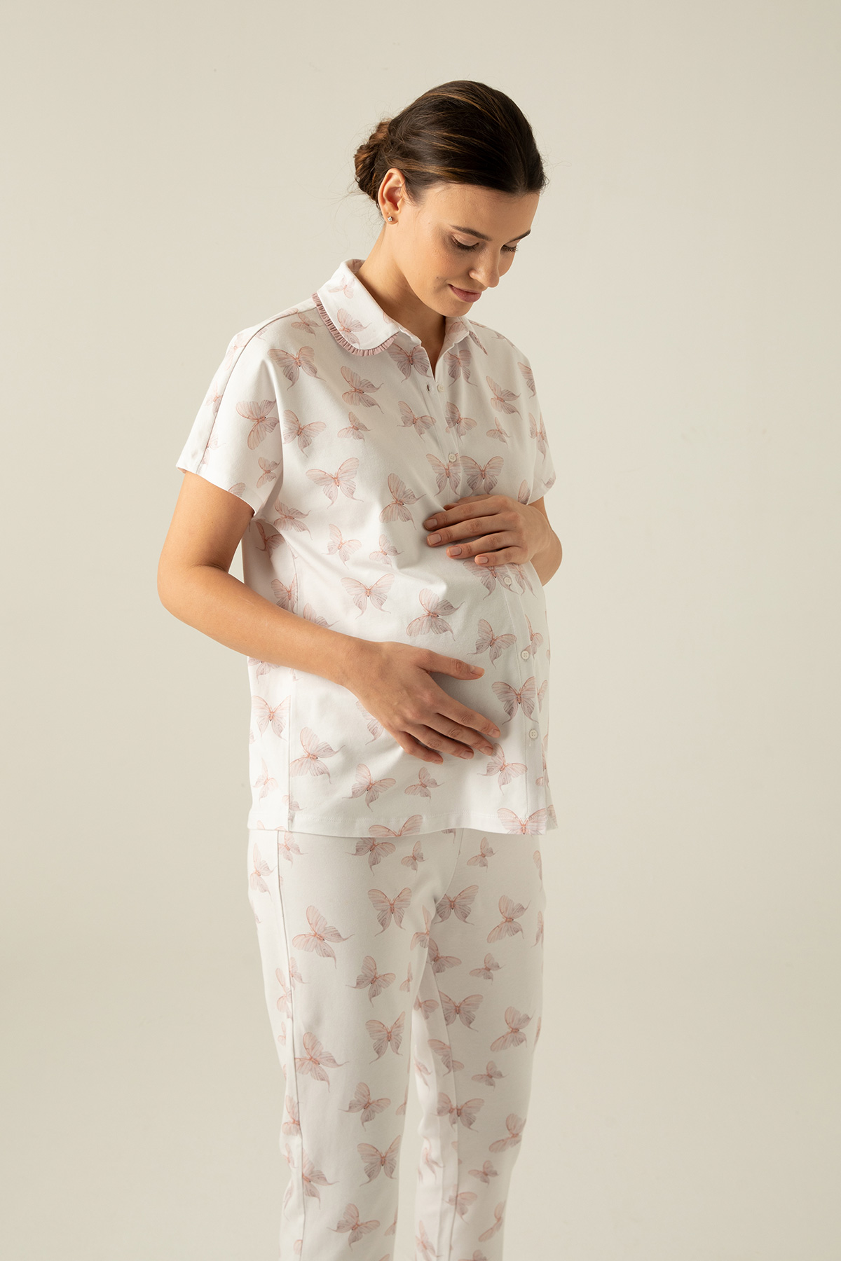 Kadın Anne Adayı Yakası Süs Lastikli Gömlek Üstlü Pijama Takımı