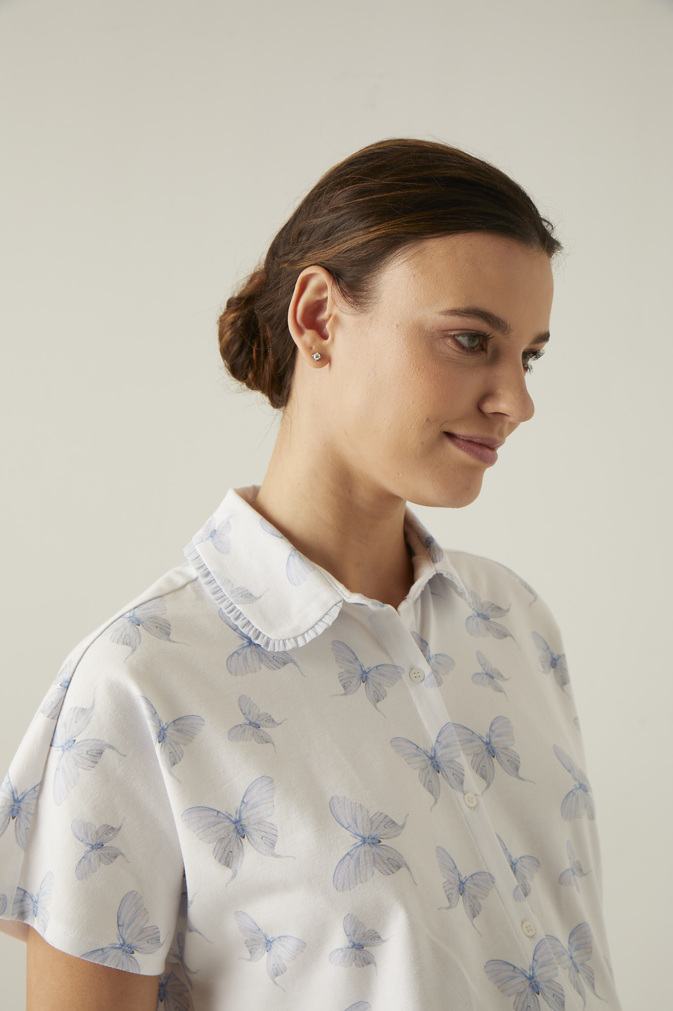 Kadın Anne Adayı Yakası Süs Lastikli Gömlek Pijama Üstü