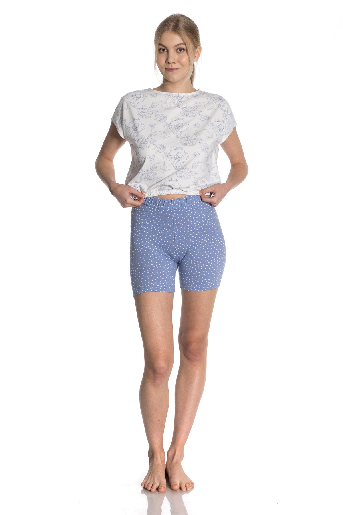 Kadın Mavi Gül Baskılı Beli Lastikli Pijama Üstü