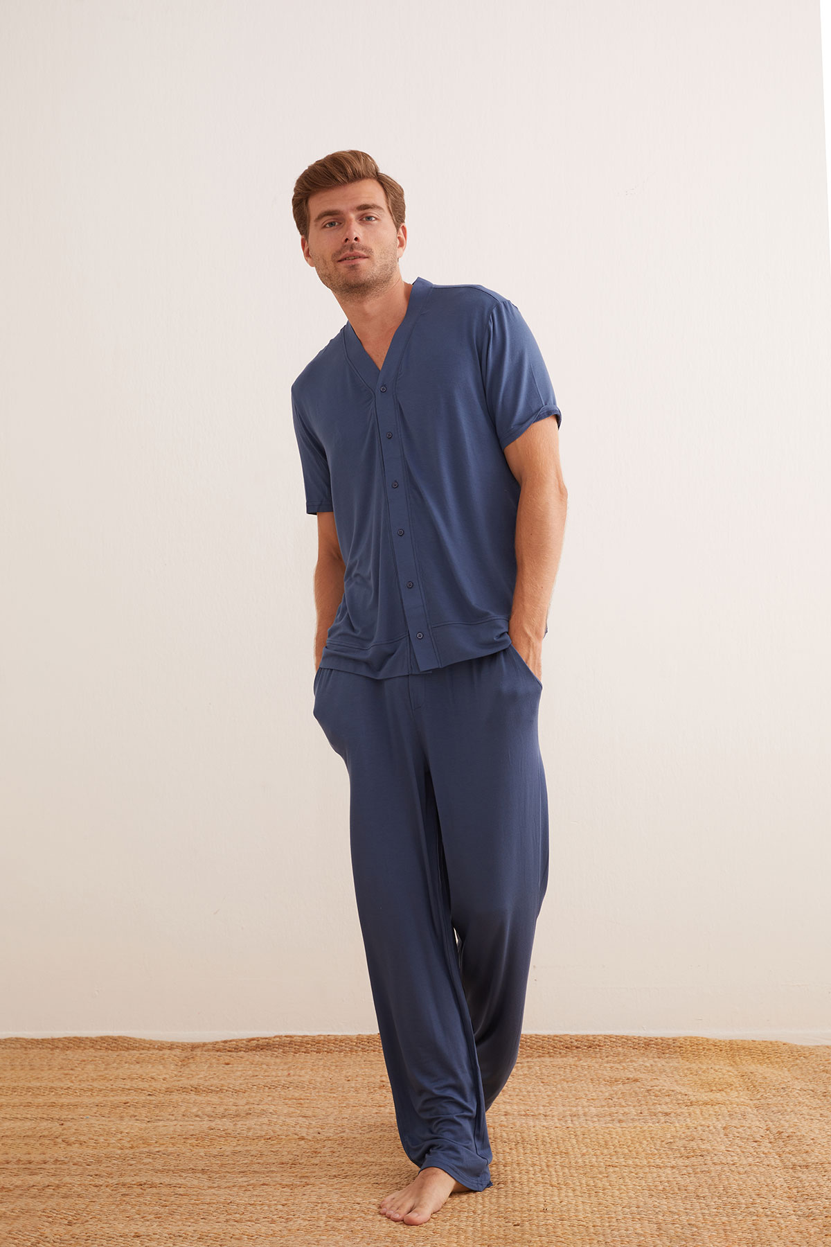 Erkek Kısa Kollu Uzun Pijama Takımı