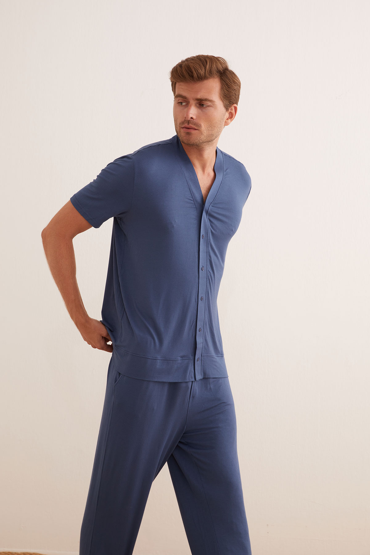 Erkek Kısa Kollu Uzun Pijama Takımı