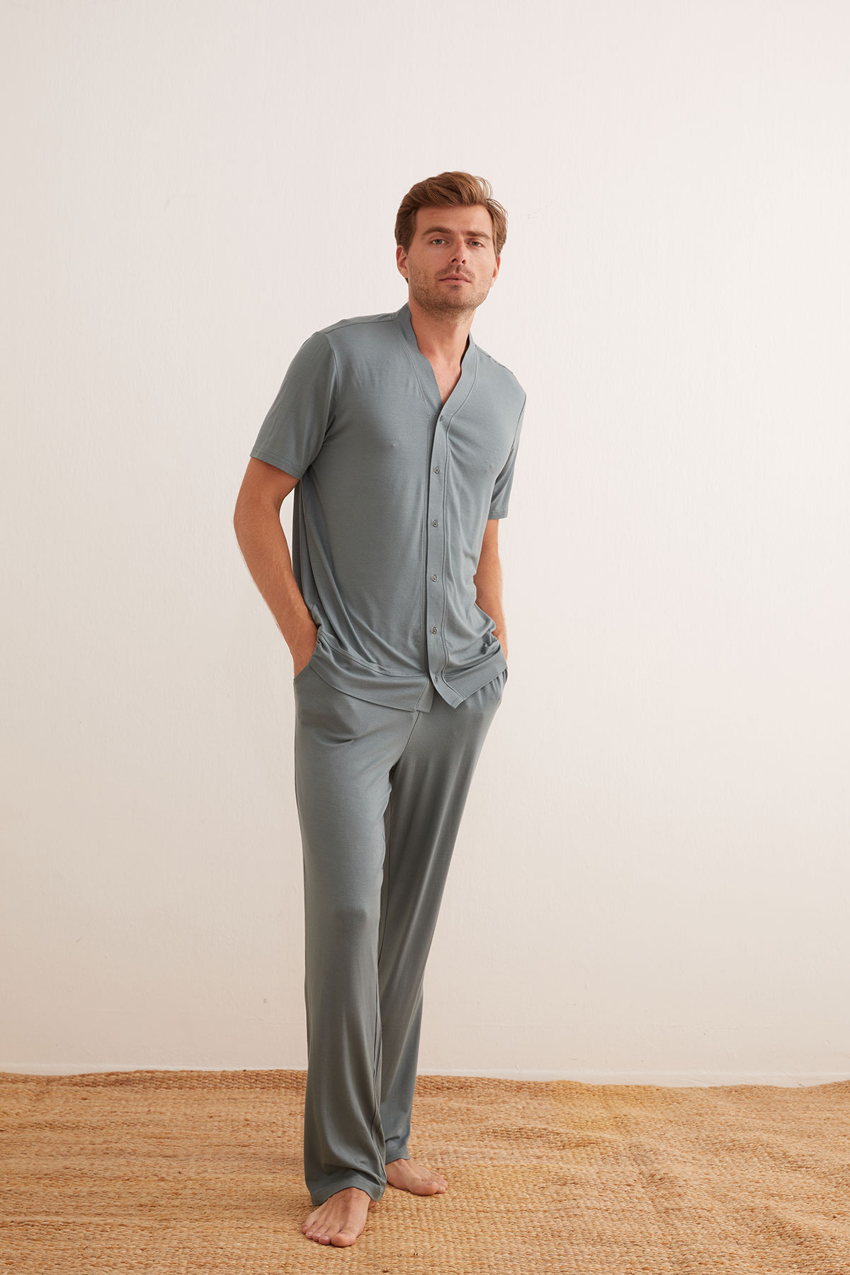 Erkek Kısa Kollu Uzun Pijama Takımı