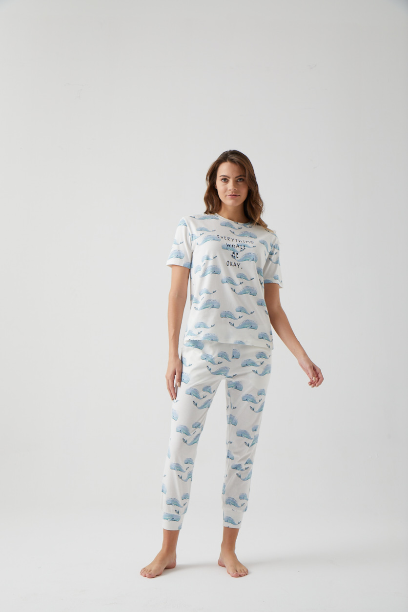 Kadın Balina Baskılı Kısa Kollu Oversize Pijama Üstü