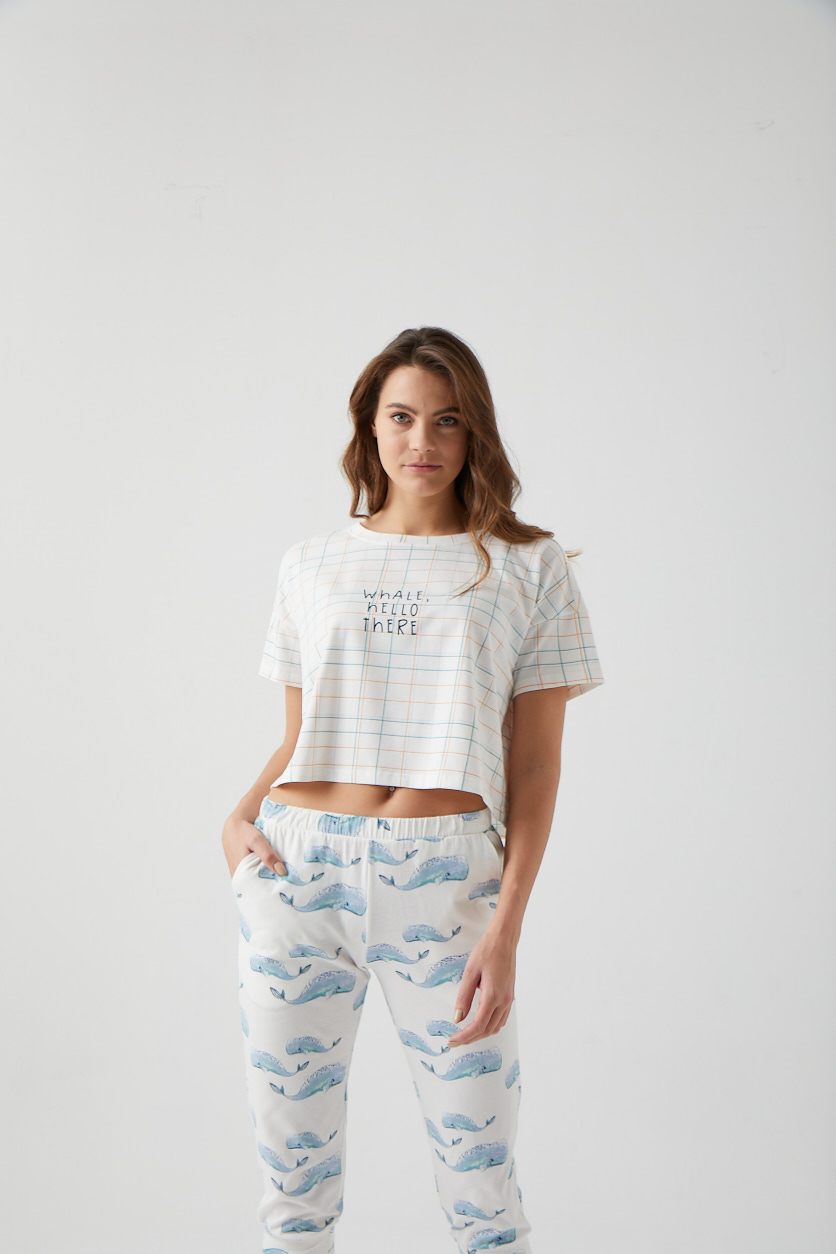 Kadın Ekose Baskılı Crop Pijama Üstü