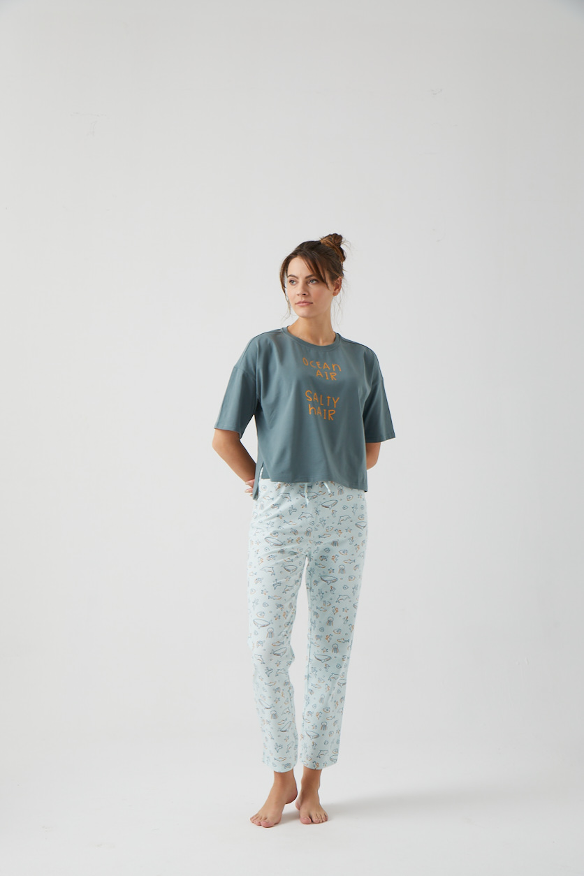 Kadın Okyanus Baskılı Belde Süs Biye Detaylı Uzun Midi Pijama Altı
