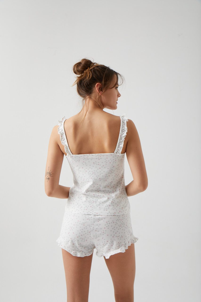 Kadın Çiçek Baskılı Fırfır Detaylı Askılı Pijama Üstü