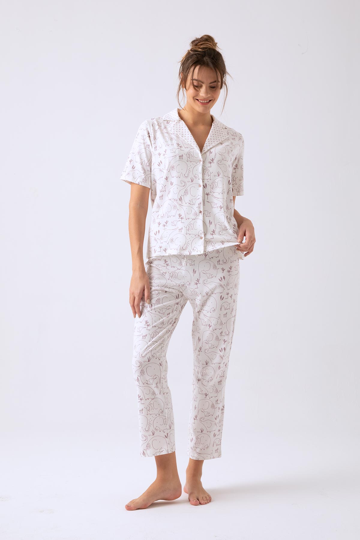 Kadın Fil Baskılı Gömlek Yaka Uzun Midi Pijama Takımı