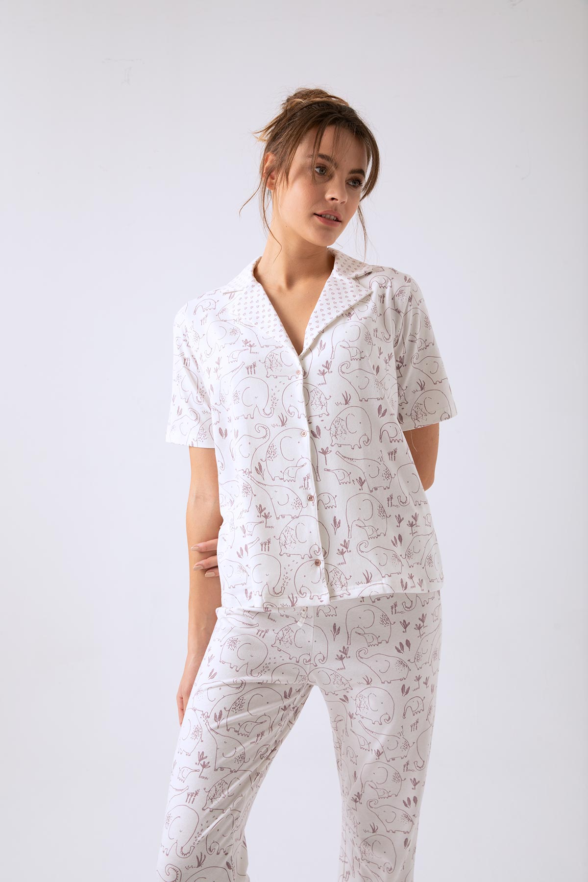 Kadın Fil Baskılı Gömlek Yaka Uzun Midi Pijama Takımı