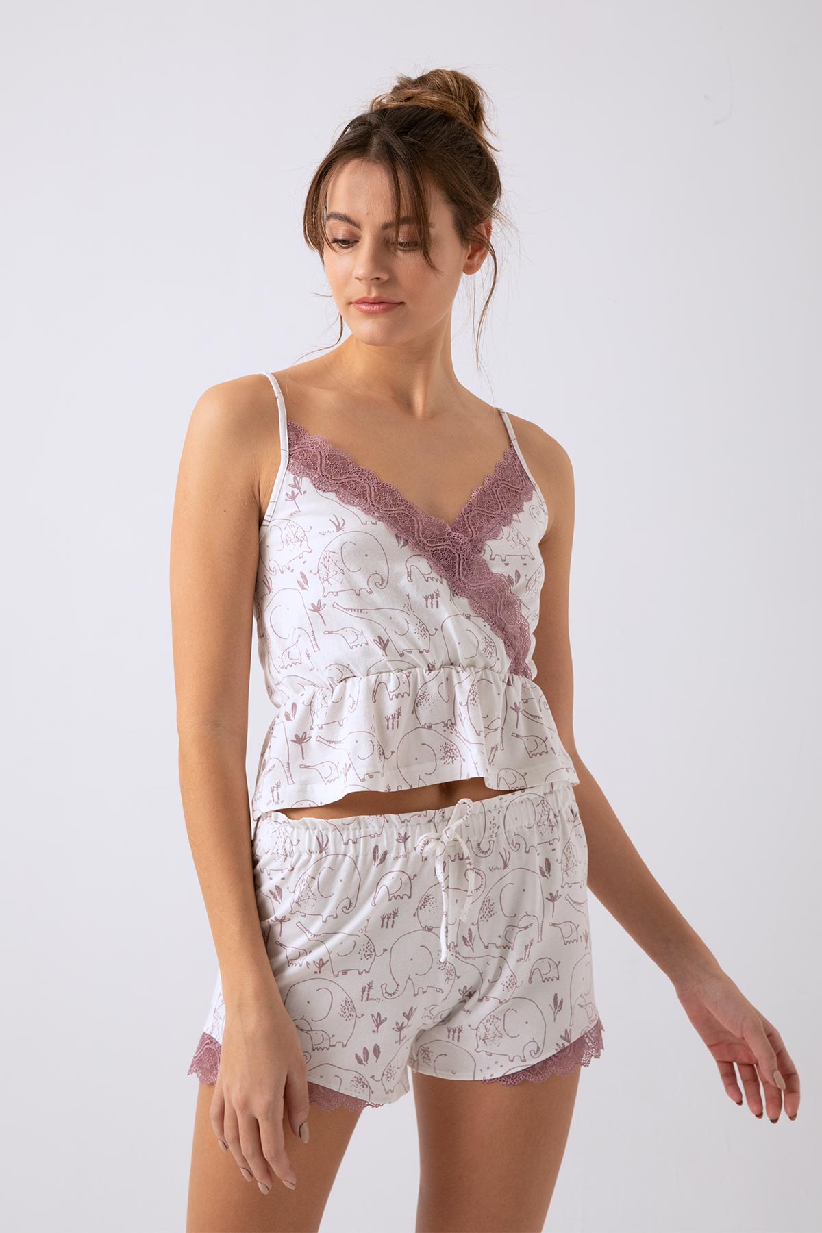 Kadın Fil Baskılı Dantelli İp Askılı Şortlu Pijama Takımı