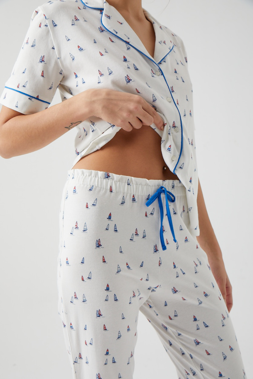 Kadın Yelken Baskılı Süs Biye Detaylı Uzun Midi Pijama Altı