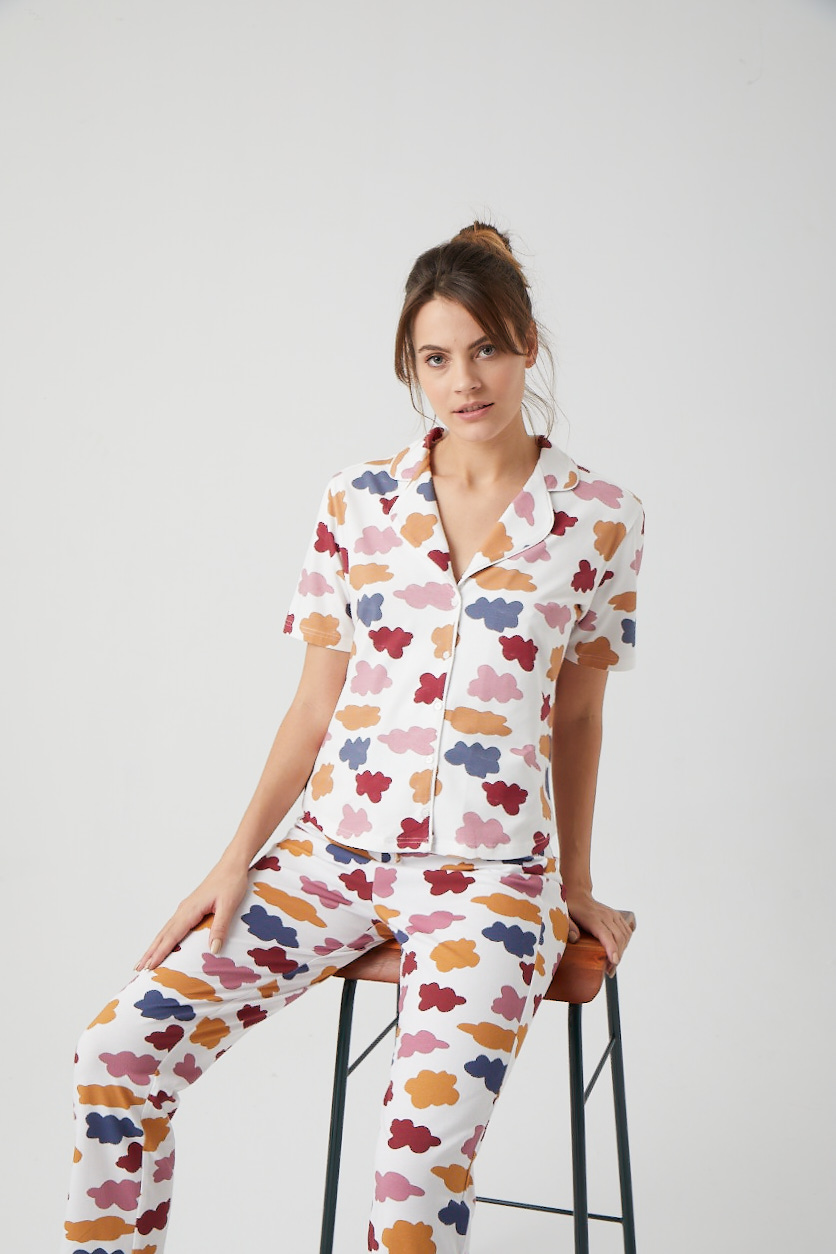 Kadın Bulut Baskılı Gömlek Pijama Üstü