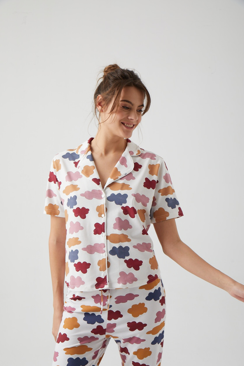 Kadın Bulut Baskılı Gömlek Pijama Üstü