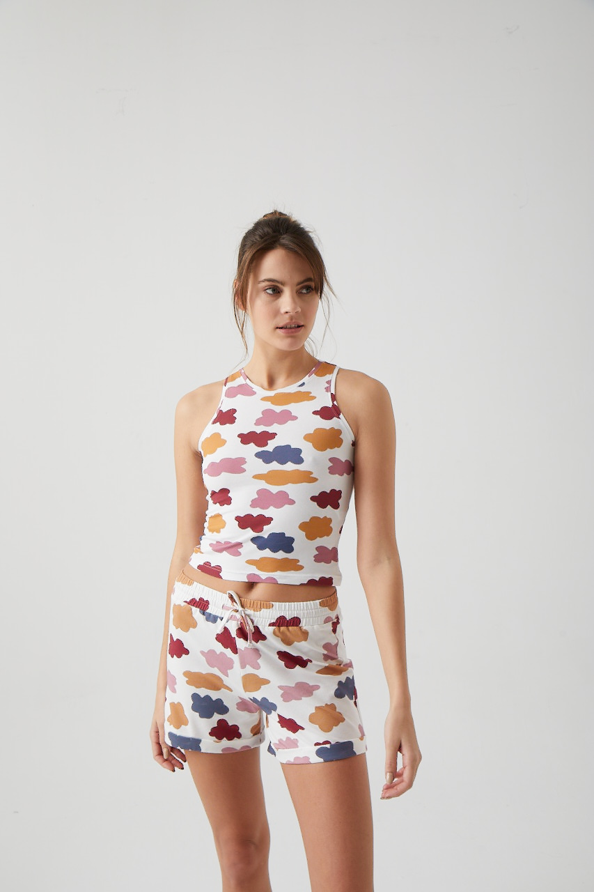 Kadın Kolsuz Üst Kıvırma Paça Detaylı Şortlu Pijama Takımı