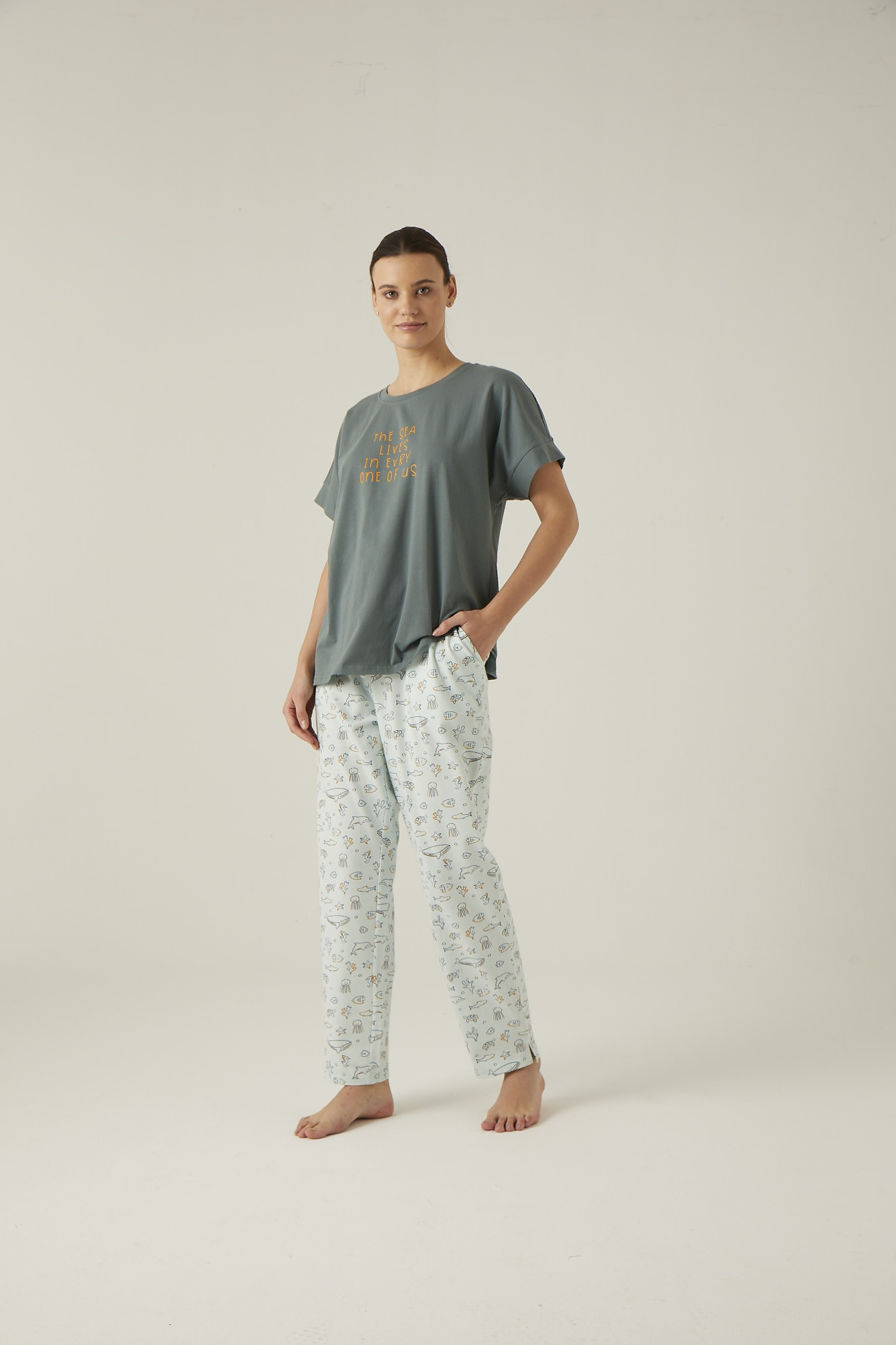 Kadın Büyük Beden Okyanus Baskılı Uzun Midi Pijama Altı