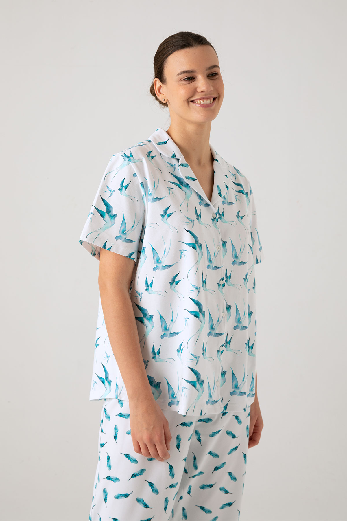 Kadın Büyük Beden Kuş Baskılı Gömlek Yaka Pijama Üstü