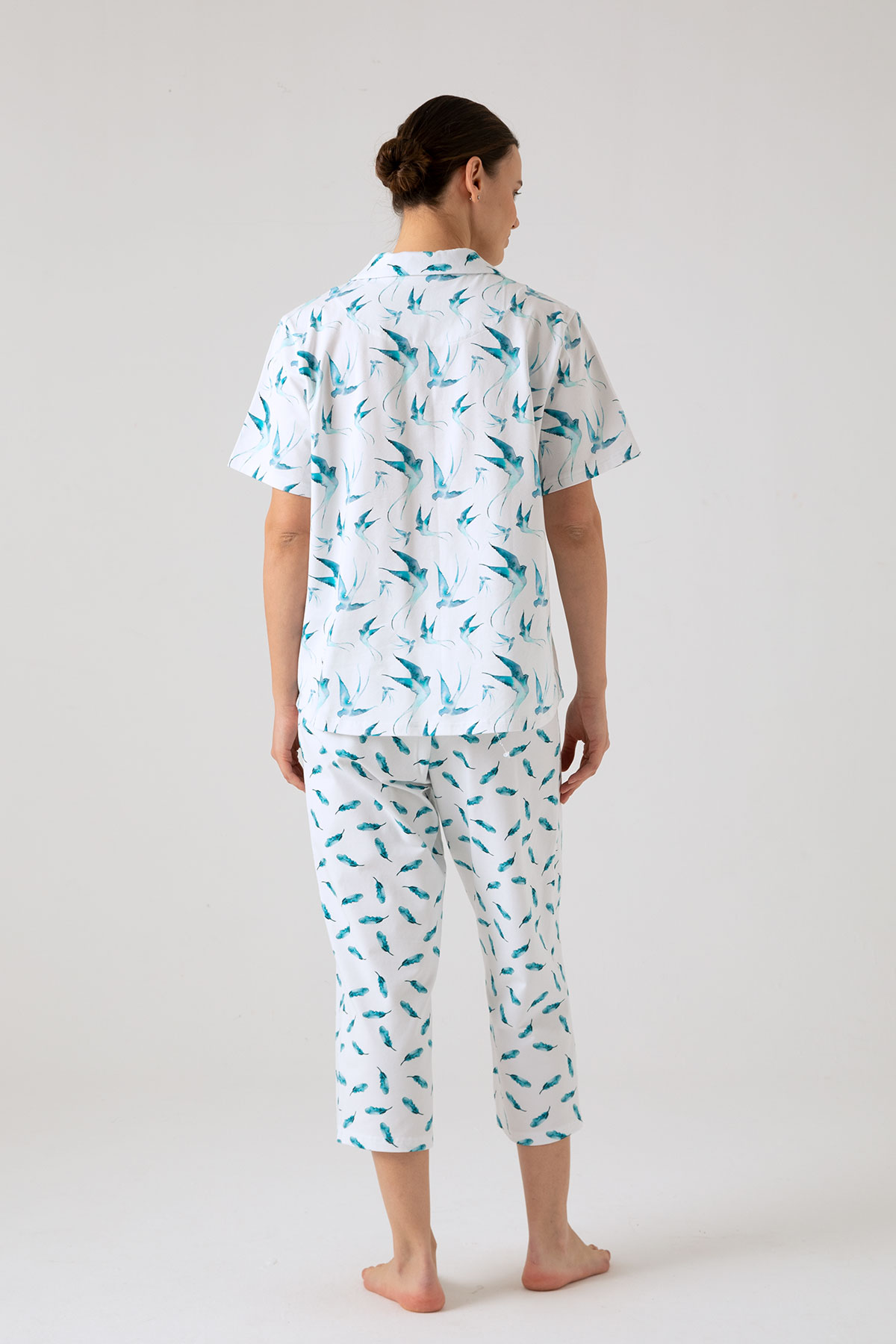 Kadın Büyük Beden Kuş Baskılı Gömlek Yaka Pijama Üstü