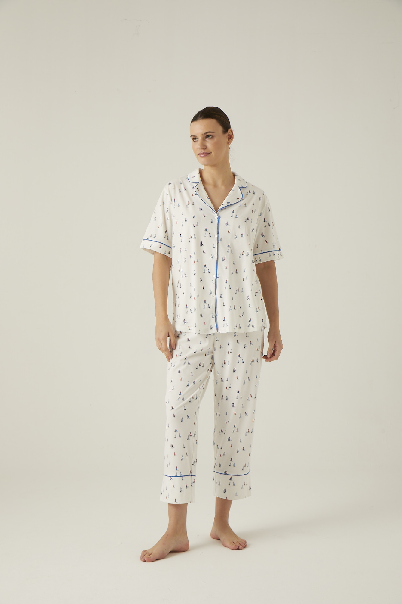 Kadın Büyük Beden Yelken Baskılı Gömlek Yaka Midi Pijama Takıımı