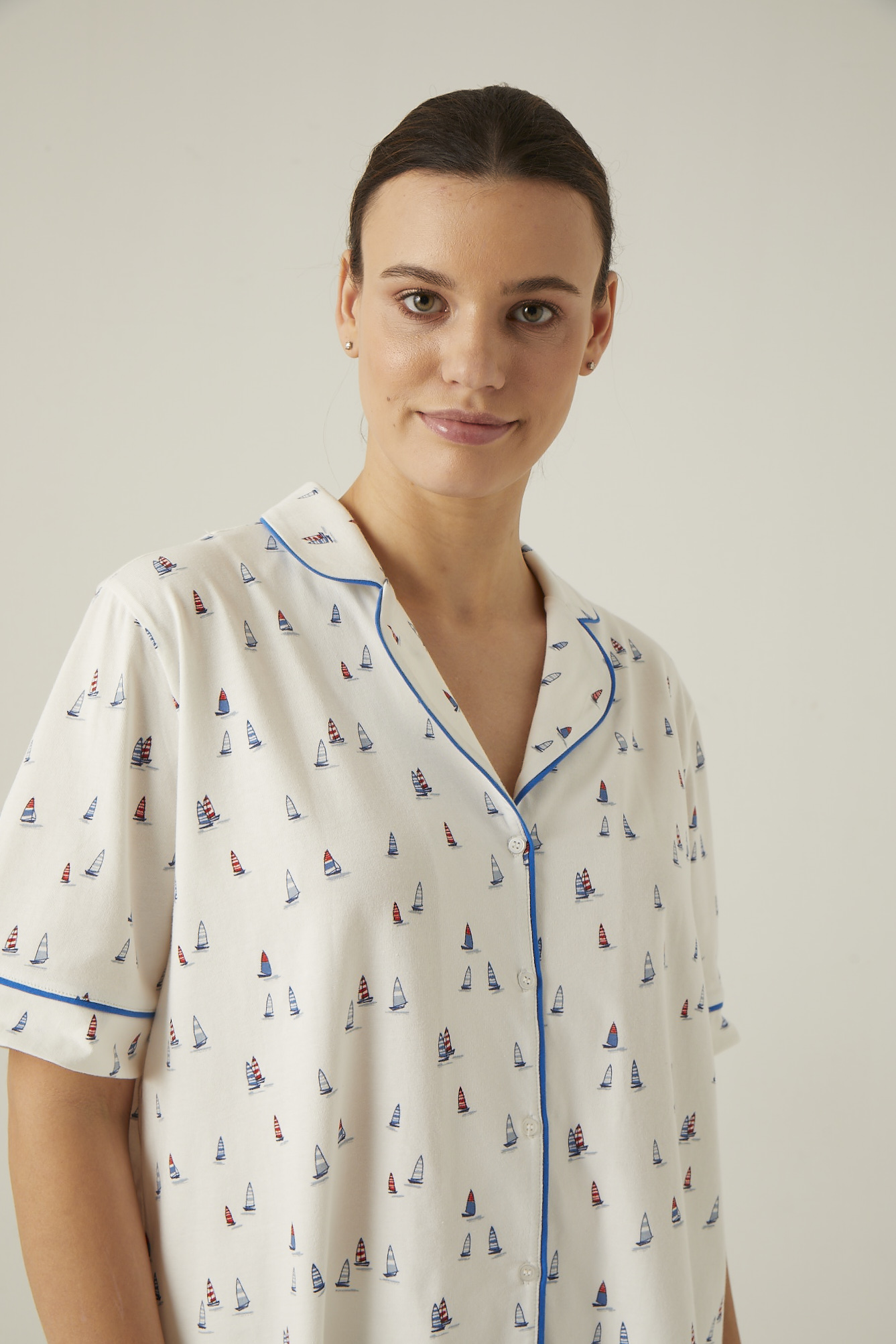 Kadın Büyük Beden Yelken Baskılı Gömlek Yaka Midi Pijama Takıımı