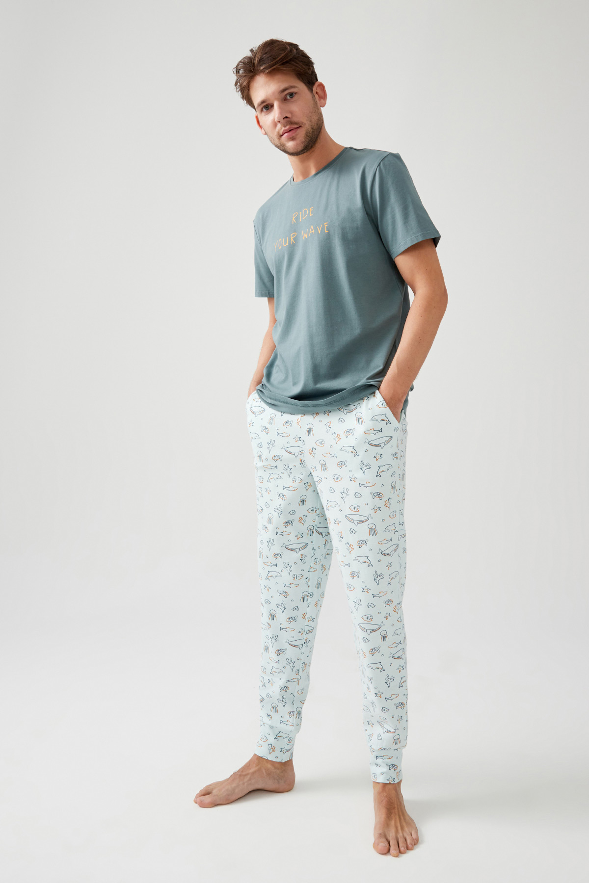 Erkek Kısa Kollu Uzun Pijama Takımı