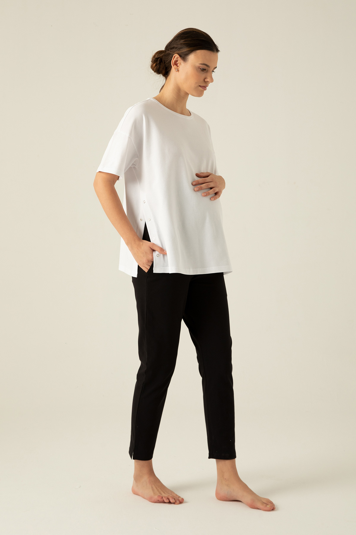 Kadın Anne Adayı Yanları Çıtçıt Detaylı Kısa Kollu T-shirt