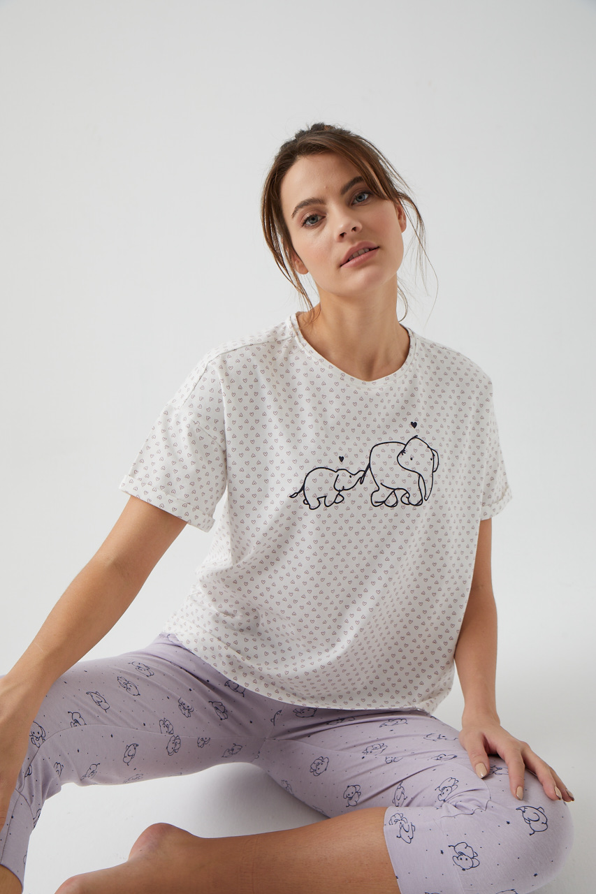 Kadın Fil Baskılı Manşetli Kapri Pijama Altı