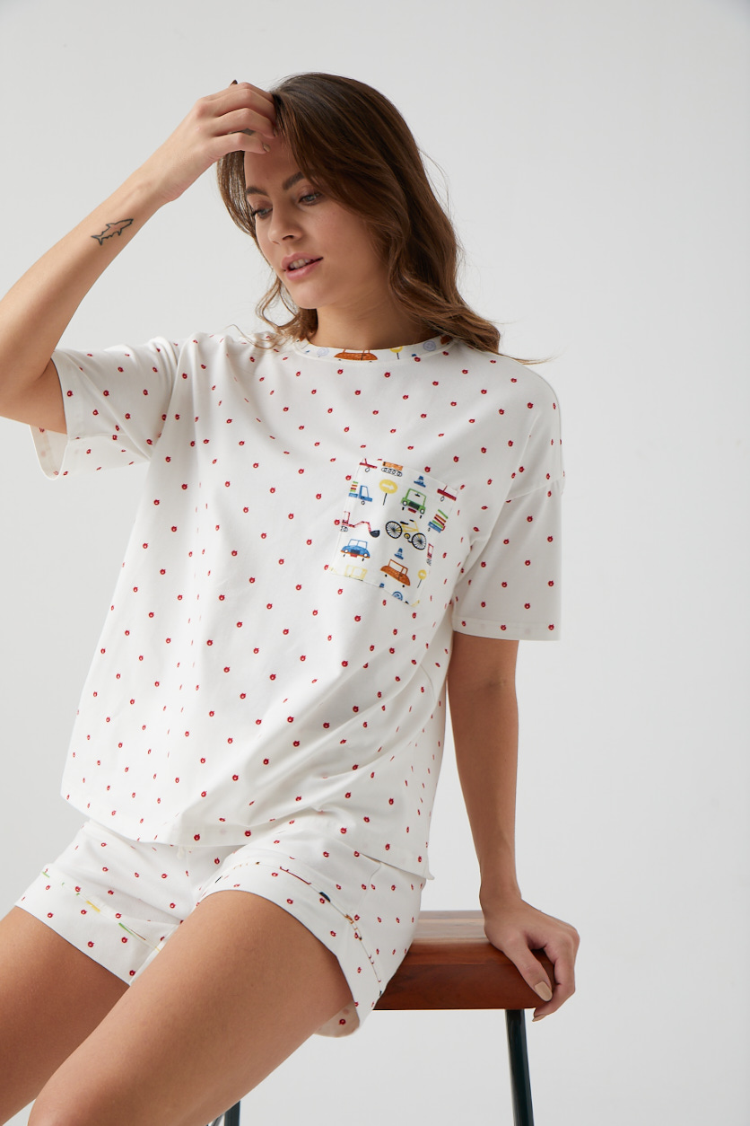 Kadın Kırmızı Elma Baskılı Şortlu Pijama Takımı