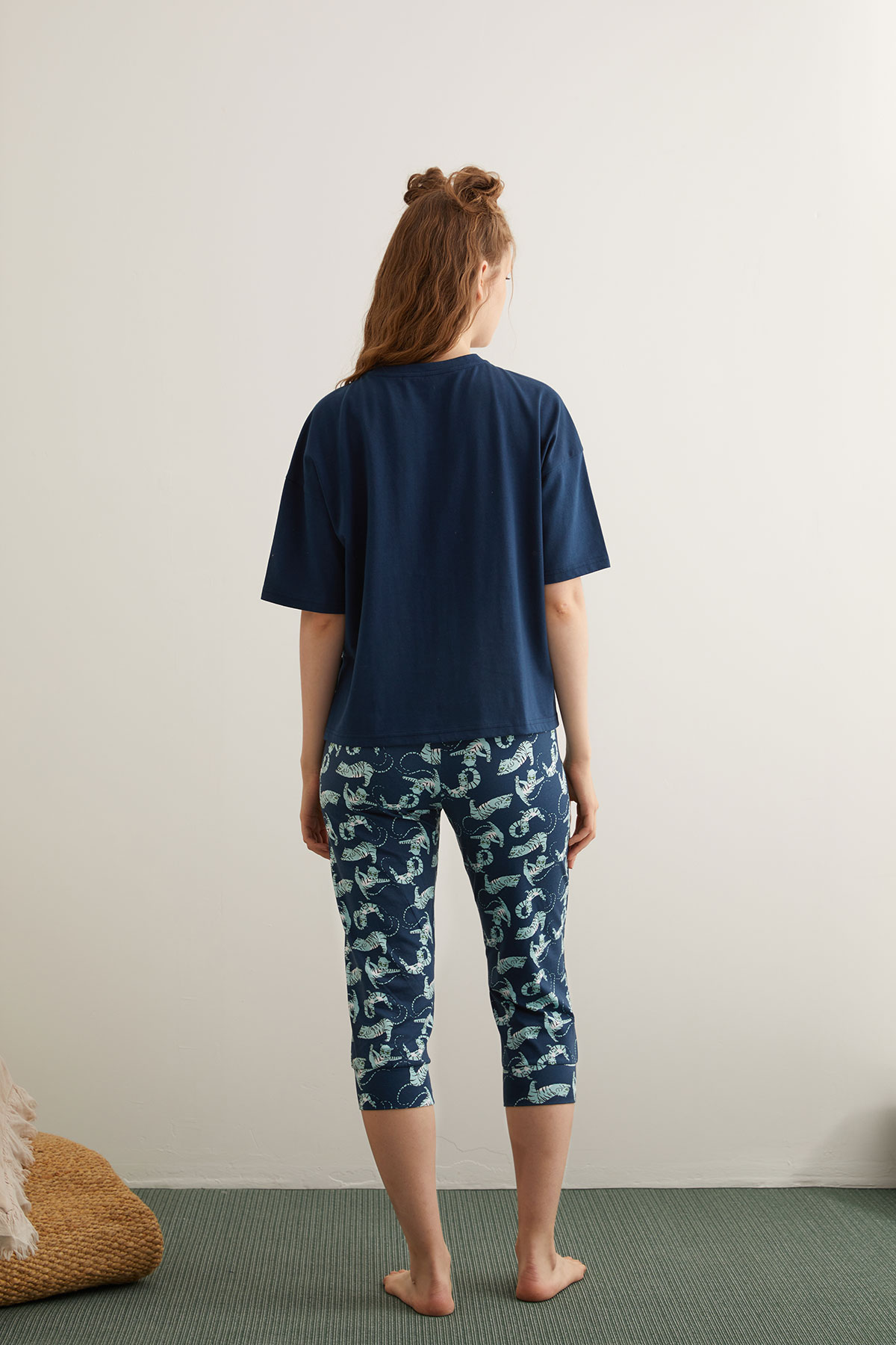 Kadın Pamuklu Kaplan Baskılı Kapri Pijama Altı