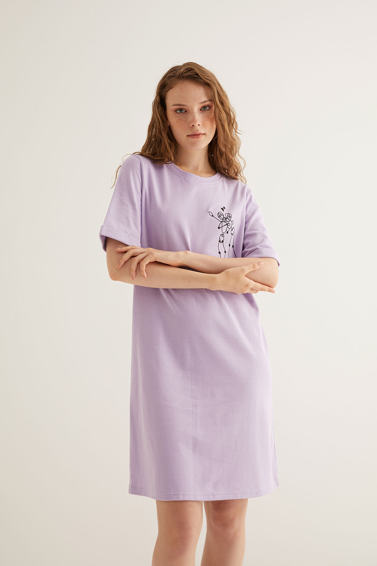 Kadın Pamuklu Baskı Detaylı Kısa Kollu T-shirt Elbise