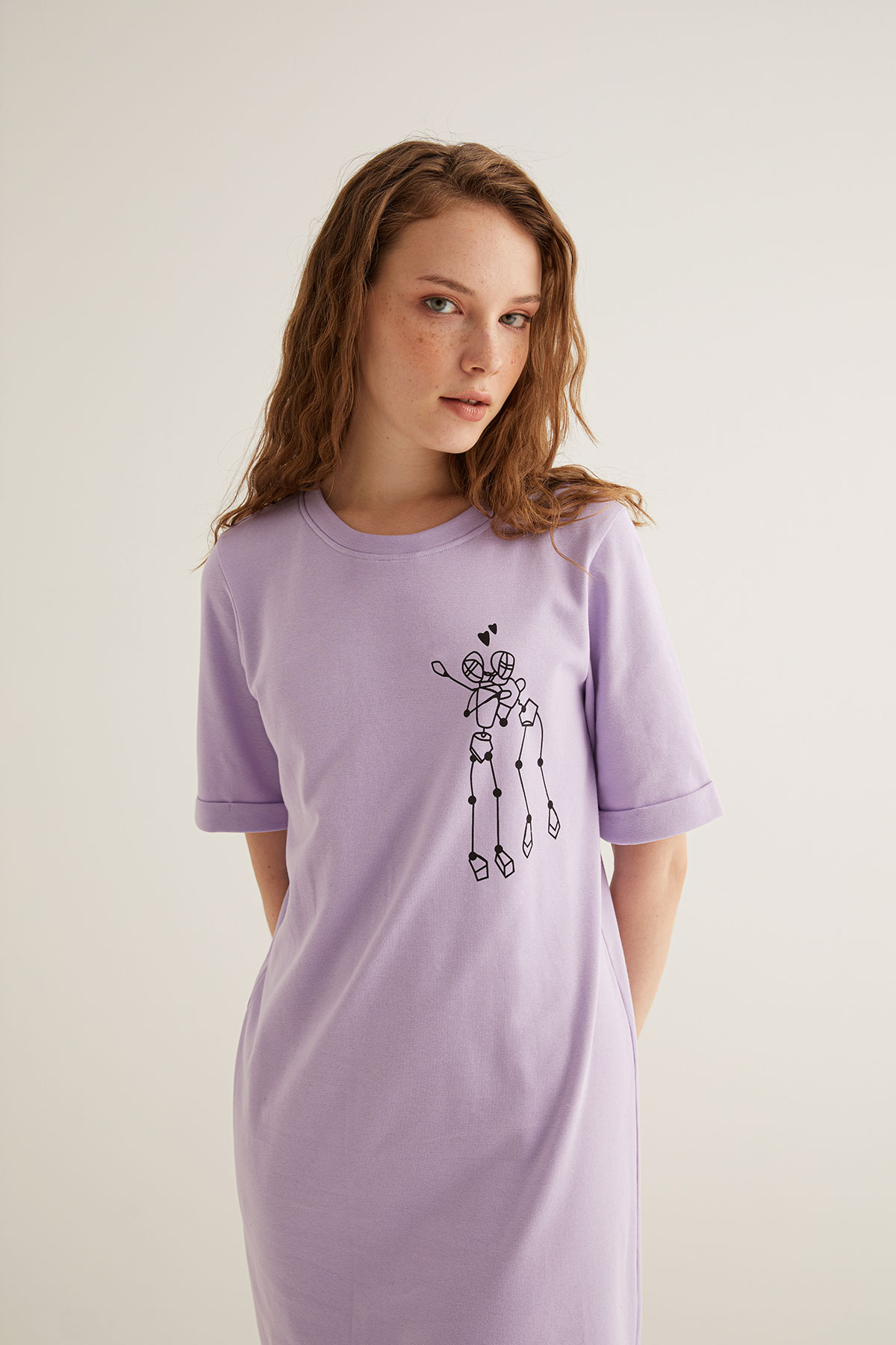 Kadın Pamuklu Baskı Detaylı Kısa Kollu T-shirt Elbise