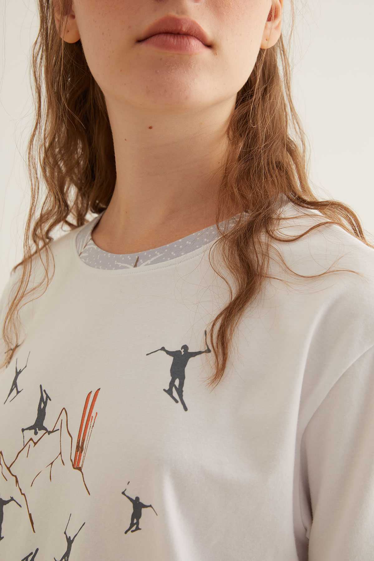 Kadın Kayak Baskılı Kısa Kollu Pijama Üstü