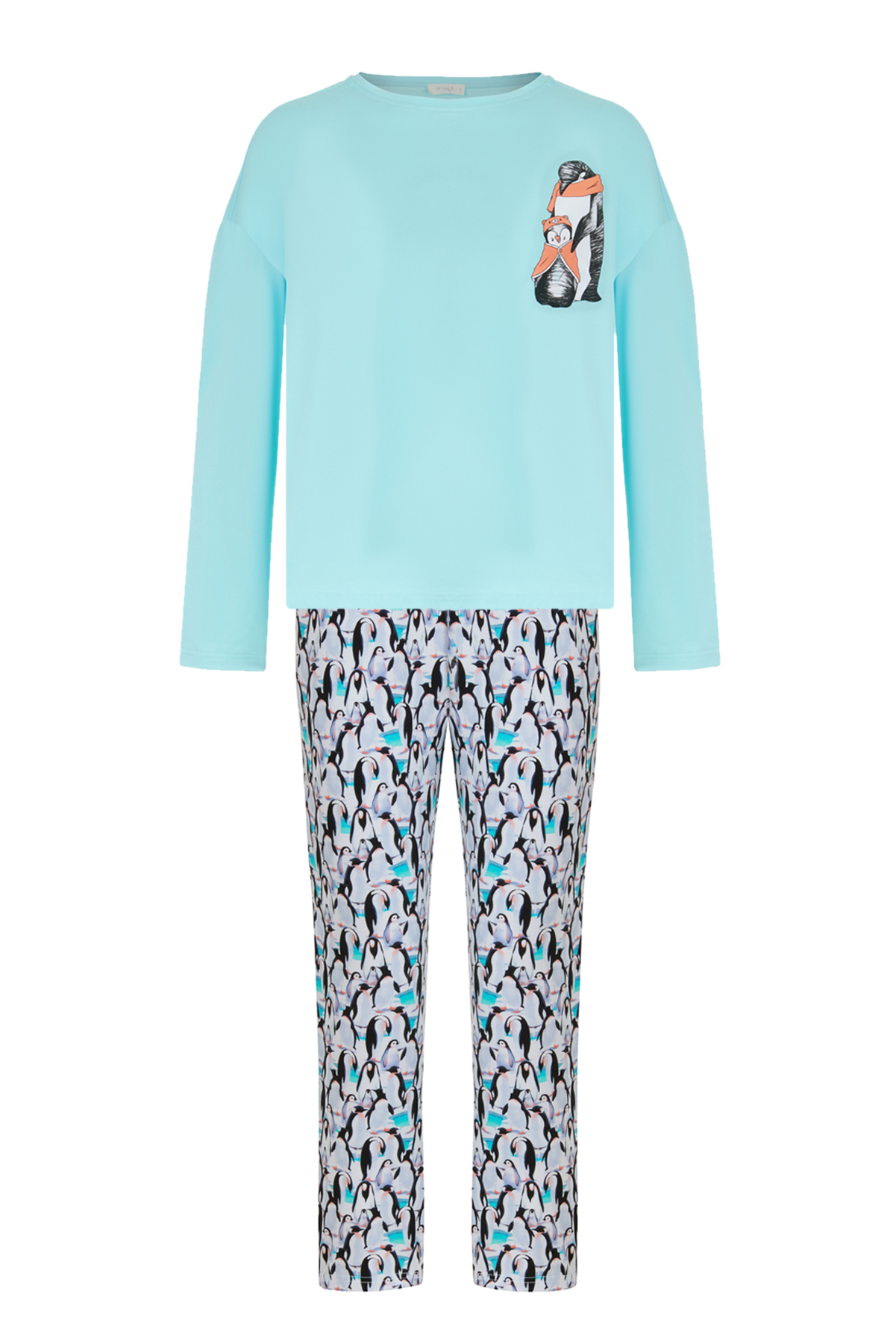 Kadın Penguen Baskılı Uzun Kollu Pijama Takımı