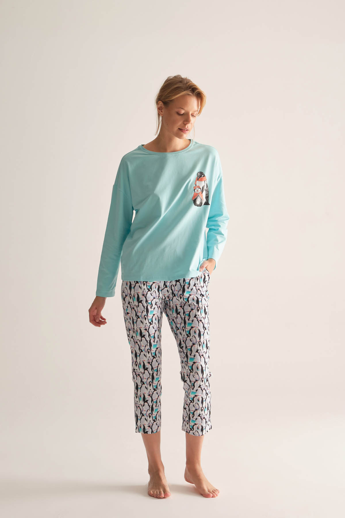 Kadın Penguen Baskılı Uzun Kollu Pijama Takımı