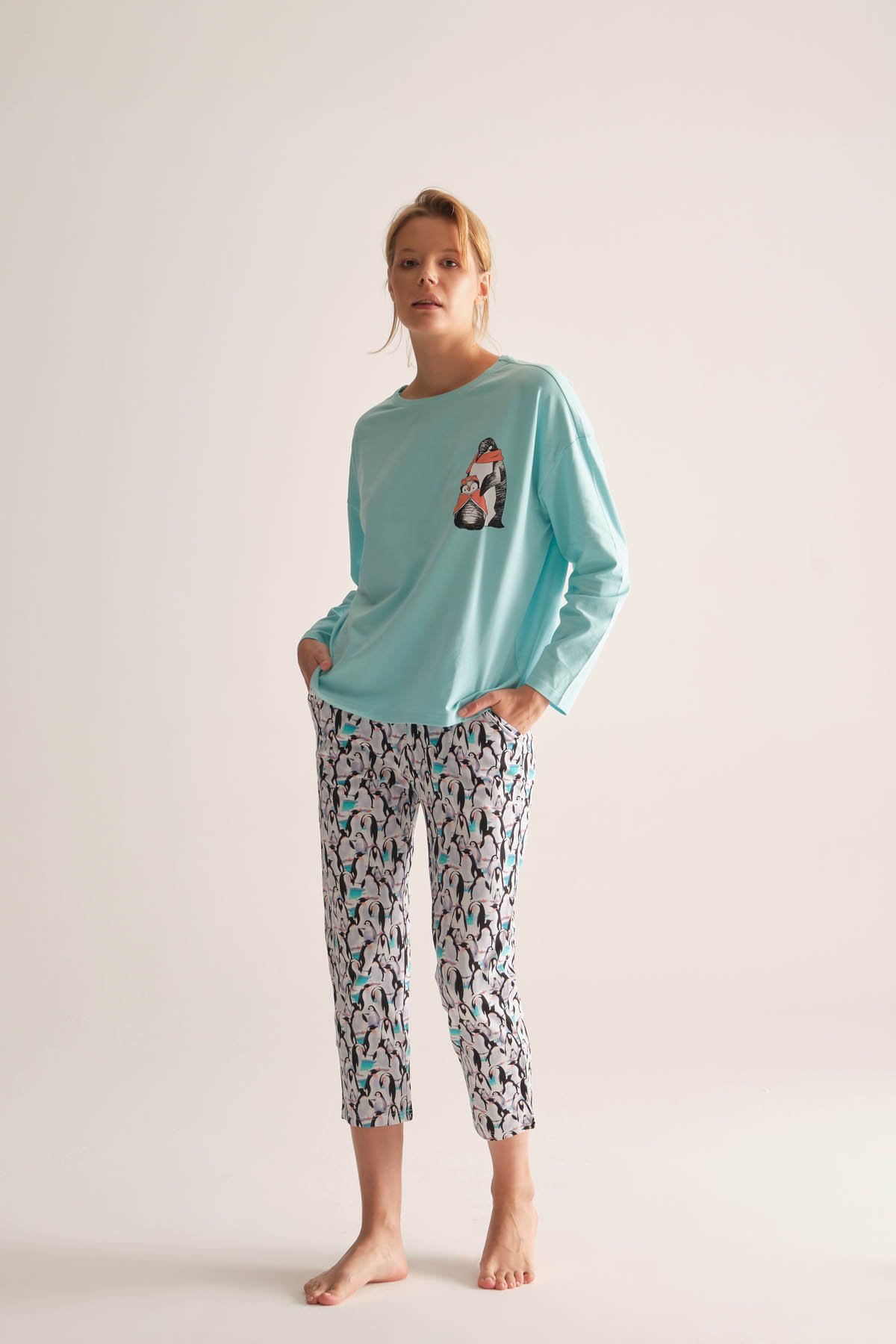 Kadın Düşük Omuzlu Uzun Kollu Pijama Üstü