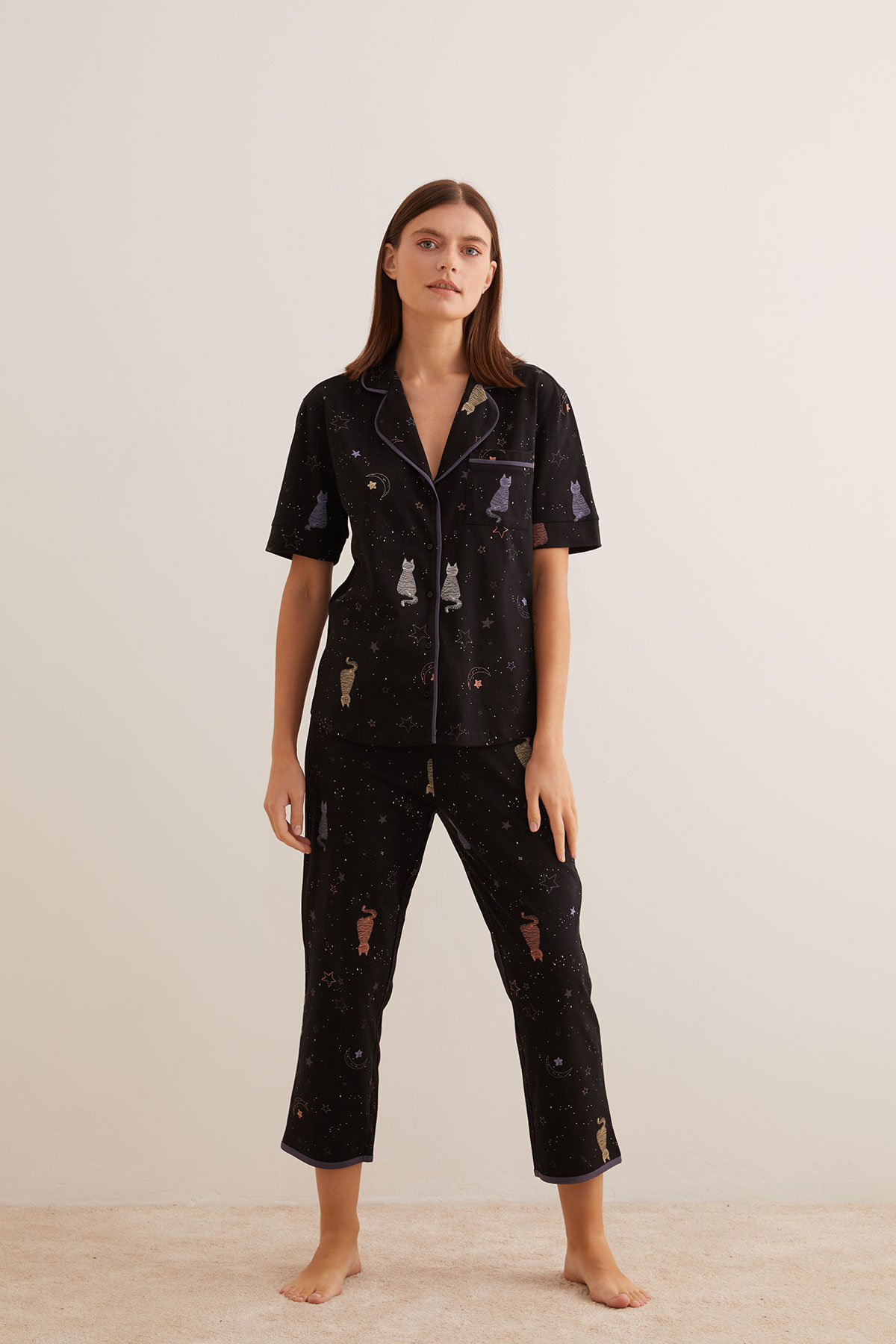 Kadın Pamuklu Gömlekli Midi Pijama Takımı