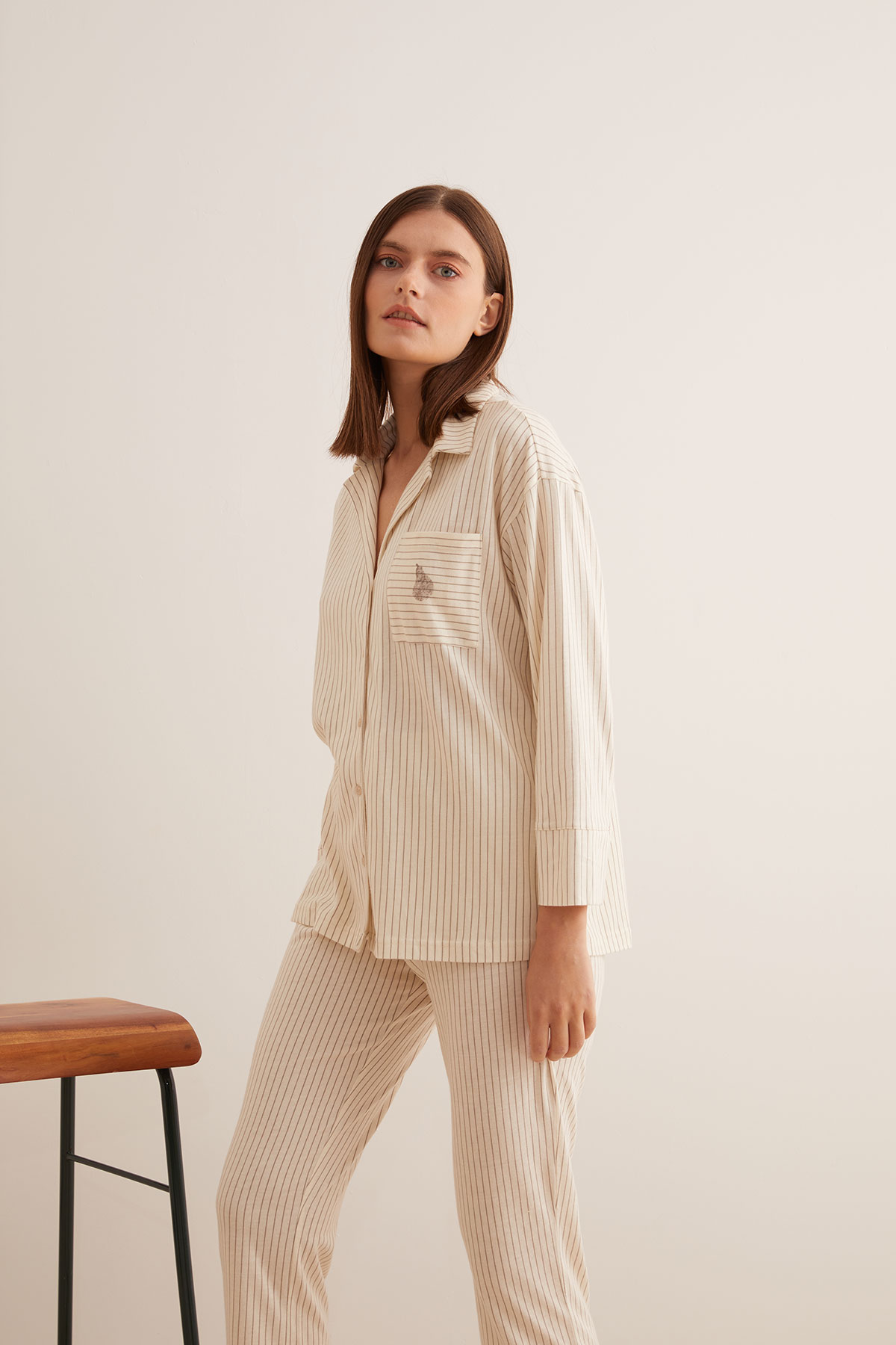 Kadın Modal Karışımlı Pamuklu Gömlek Pijama Üstü
