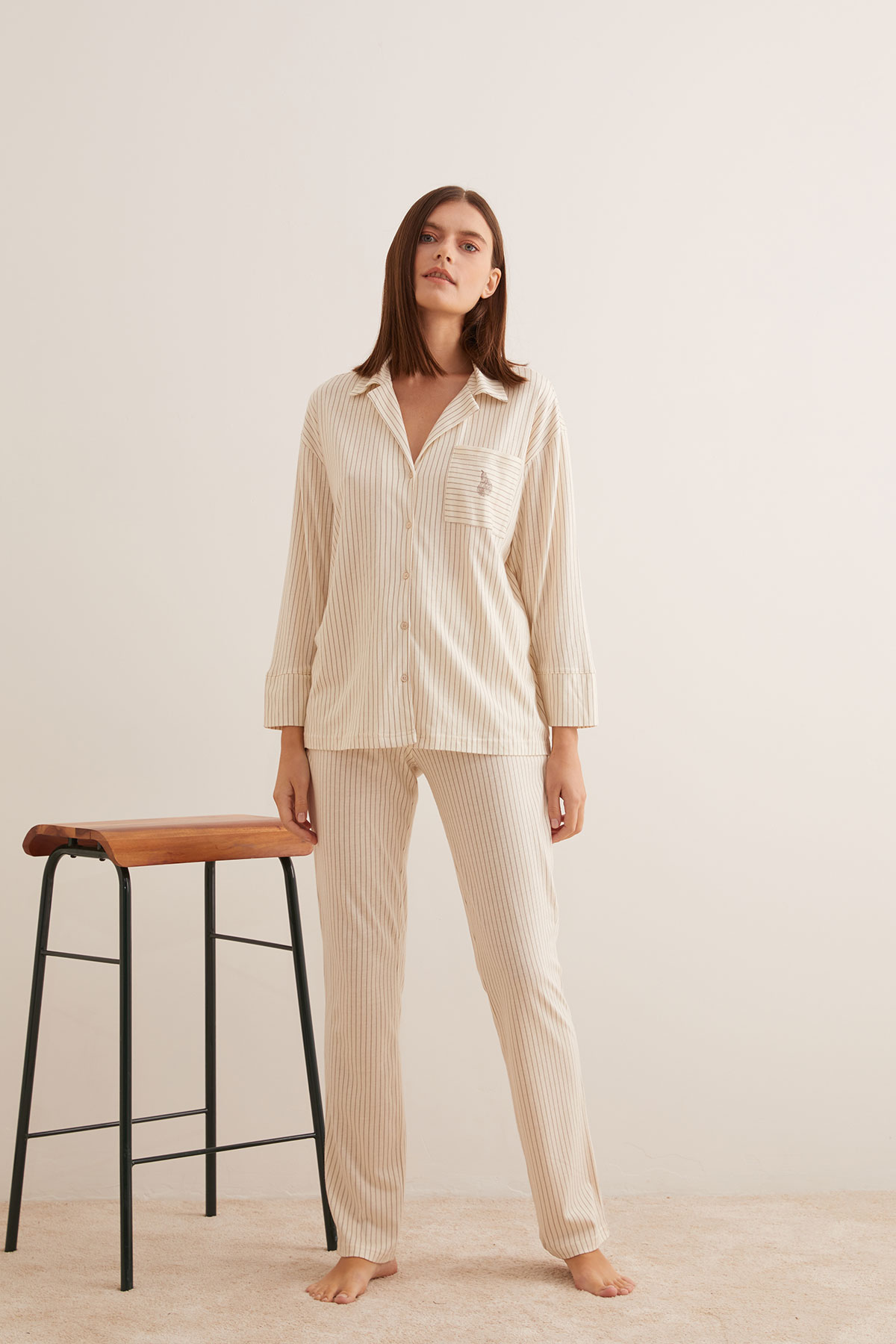 Kadın Modal Karışımlı Pamuklu Gömlek Pijama Üstü