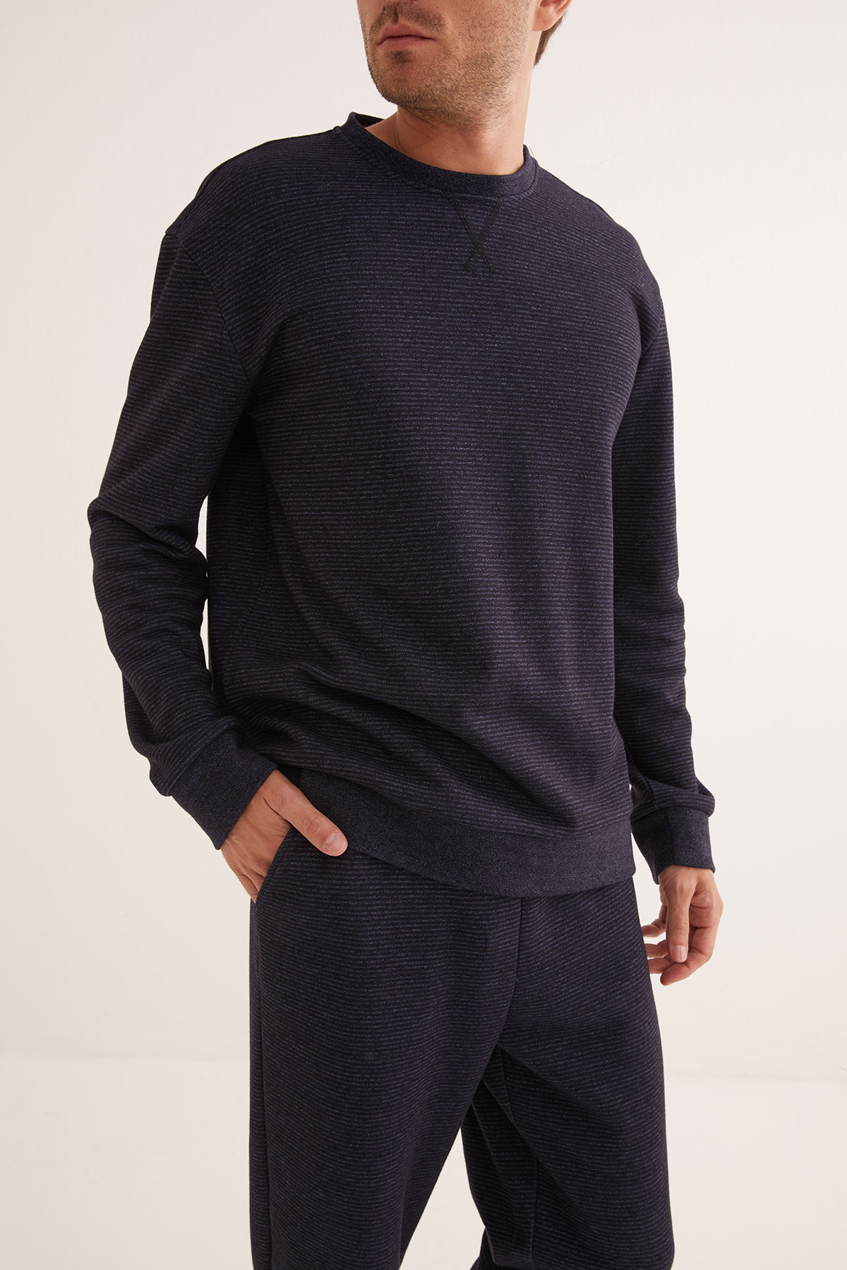 Erkek Lacivert Çizgili Uzun Kollu Sweatshirt