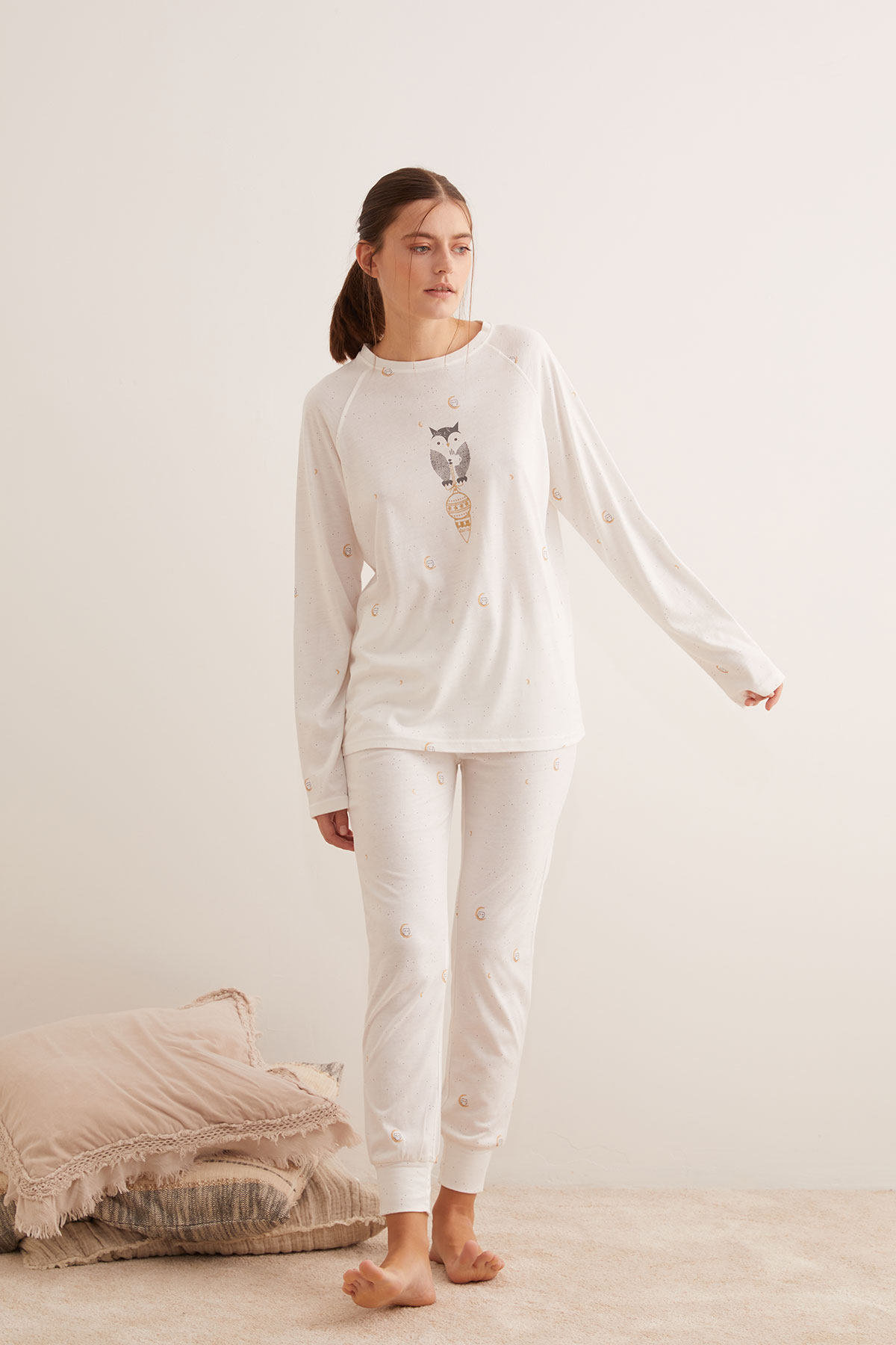 Kadın Modal Karışımlı Pamuklu Sim Baskılı Uzun Pijama Takımı