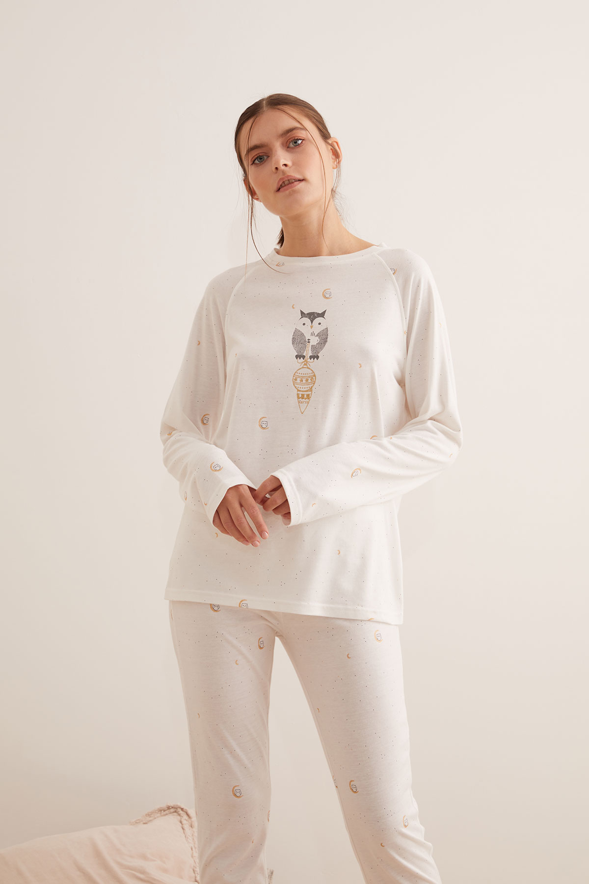 Kadın Modal Karışımlı Pamuklu Sim Baskılı Uzun Pijama Takımı