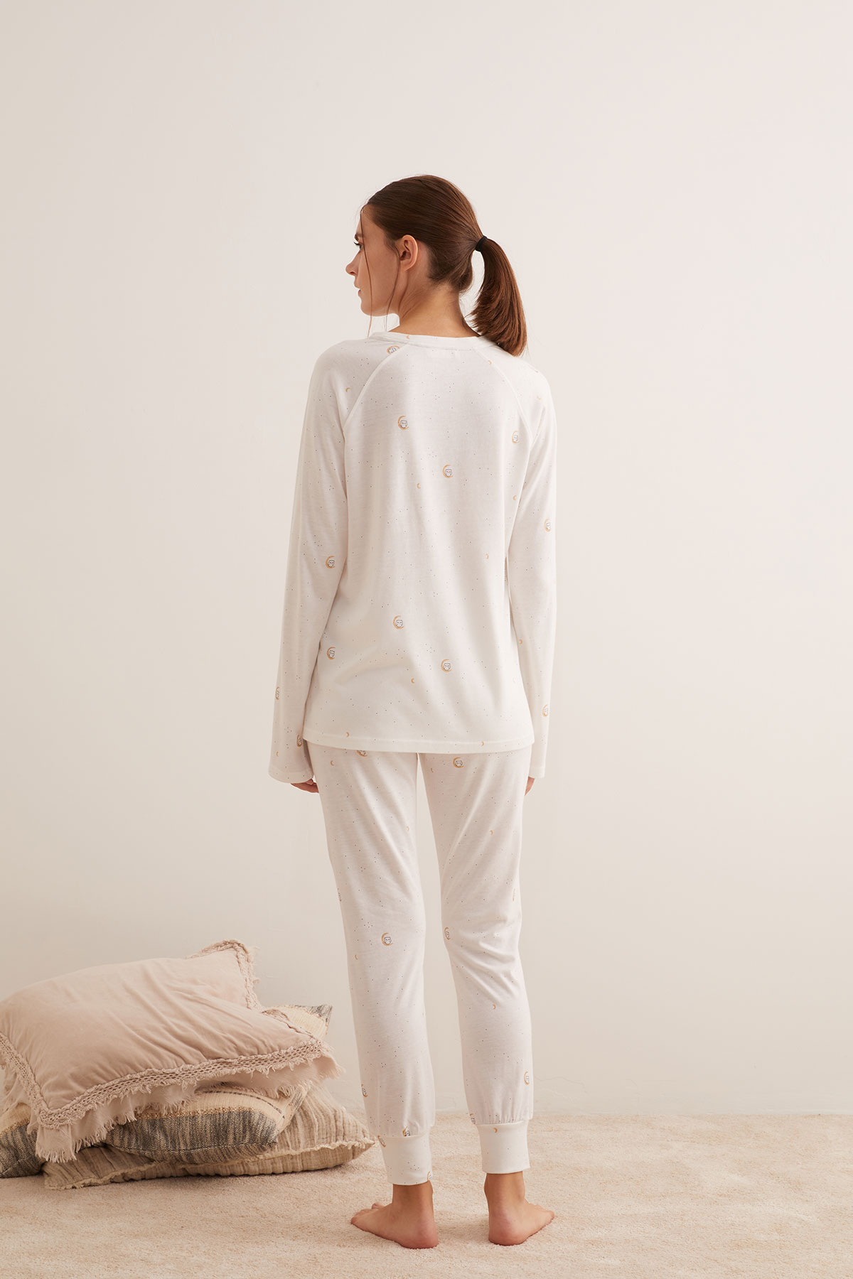 Kadın Modal Karışımlı Pamuklu Sim Baskılı Uzun Pijama Takımı