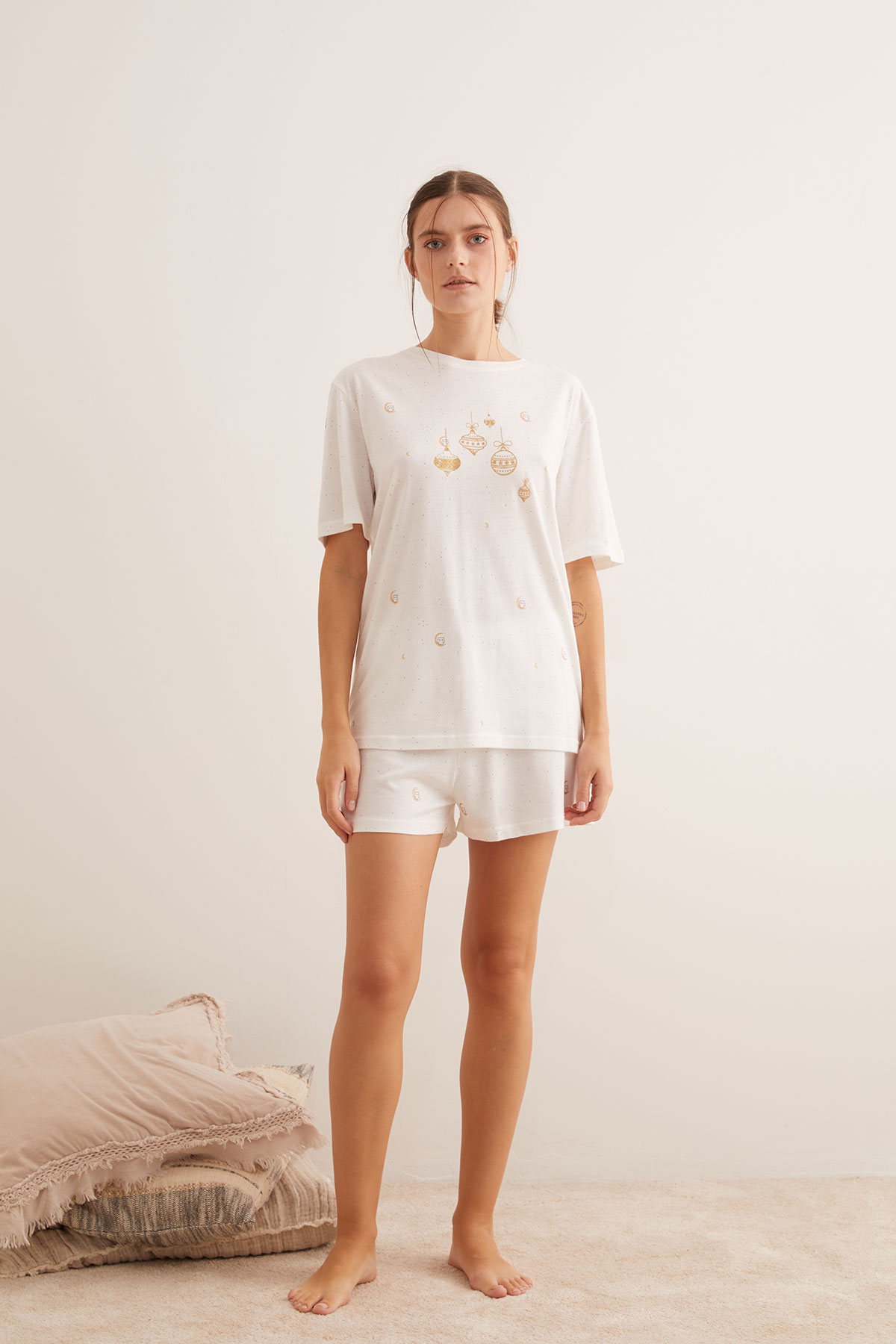 Kadın Modal Karışımlı Pamuklu Sim Baskılı Şort Pijama Altı