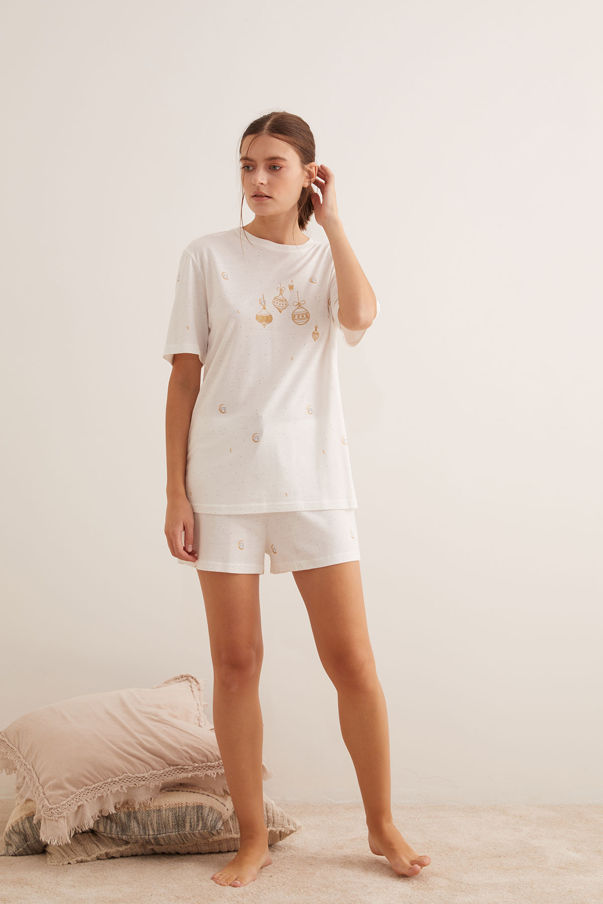 Kadın Modal Karışımlı Pamuklu Sim Baskılı Şort Pijama Altı