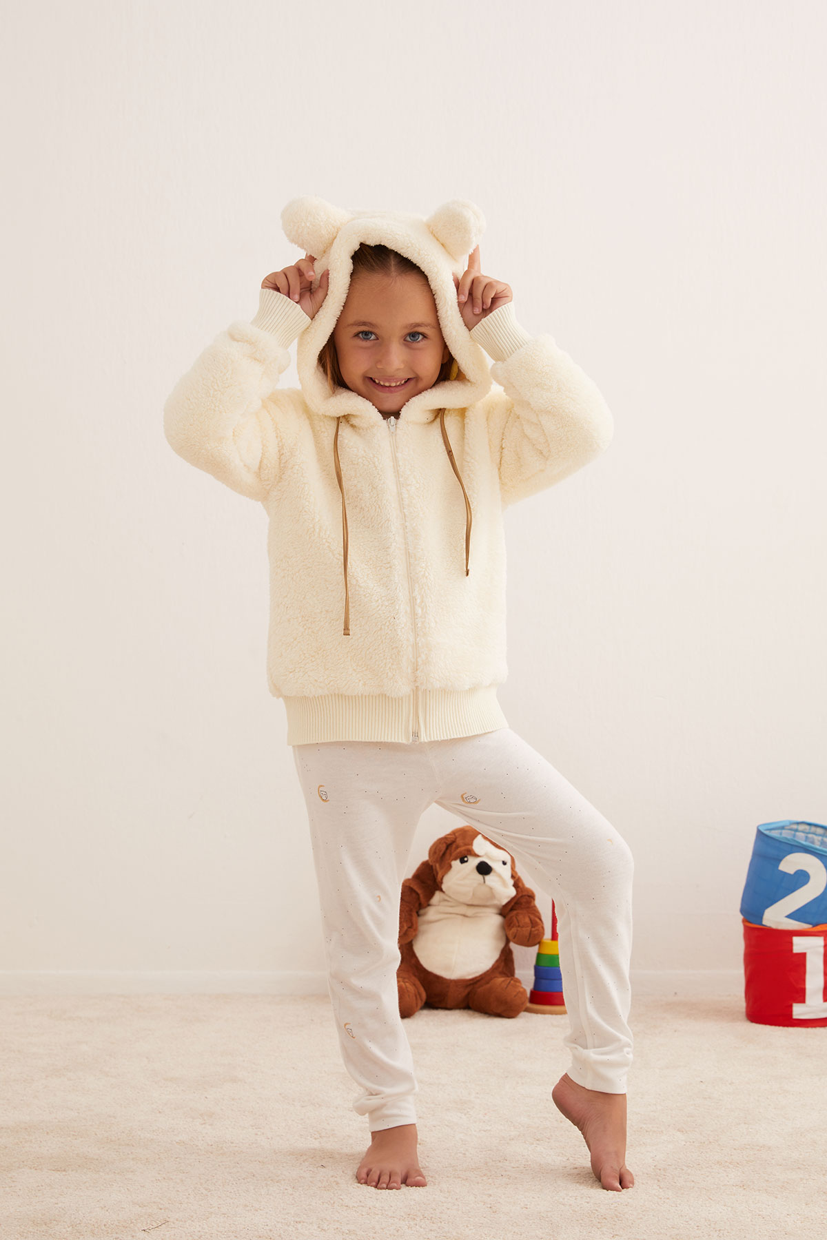 Kız Çocuk Yumuşak Dokulu Kulak Detaylı Fermuarlı Sweatshirt