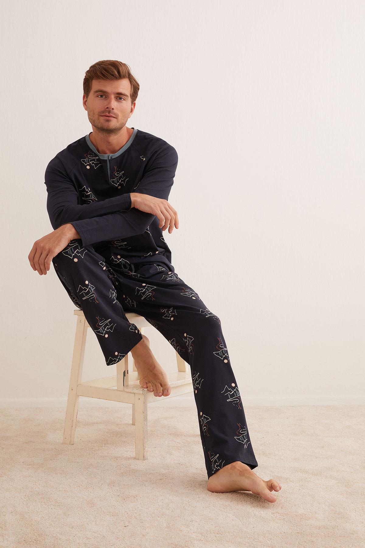 Erkek Pamuklu Kısa Düğmeli Uzun Pijama Takımı