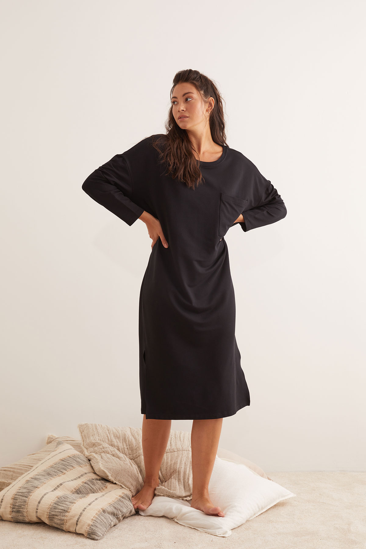 Kadın Modal İki İplik Yırtmaç Detaylı Midi Elbise