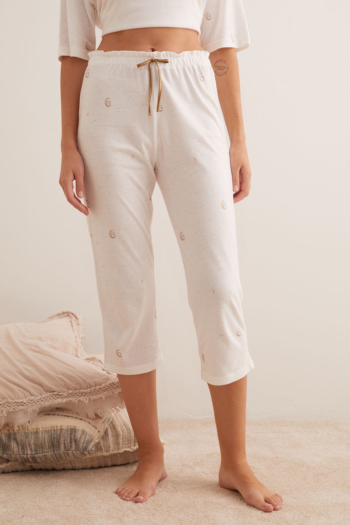 Kadın Modal Karışımlı Pamuklu Sim Baskılı Kapri Pijama Takımı